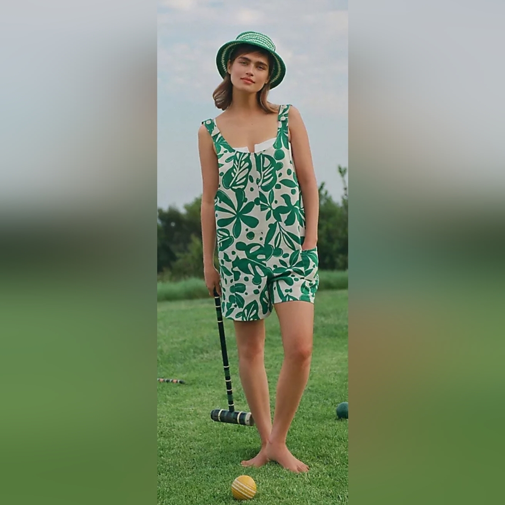 Anthropologie Green and Cream Leaf-Print Sleeveless Romper